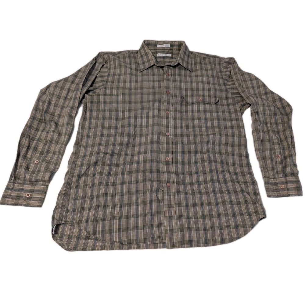 H by Halston Men's Plaid Shirt Lightweight Button-Down Work Green Brown Sz Large